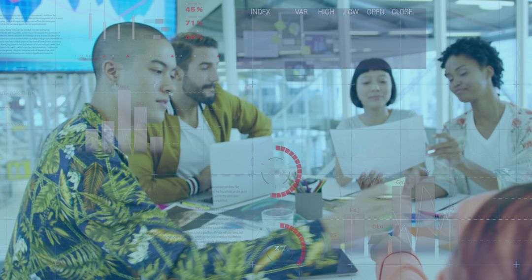 Diverse Team Analyzing Data in Modern Office with Tech Overlays