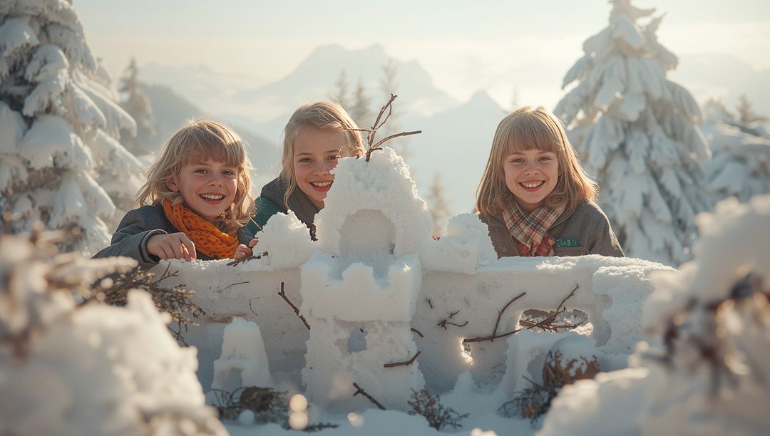 Smiling Siblings in Winter Wonderland Building Snow Castle