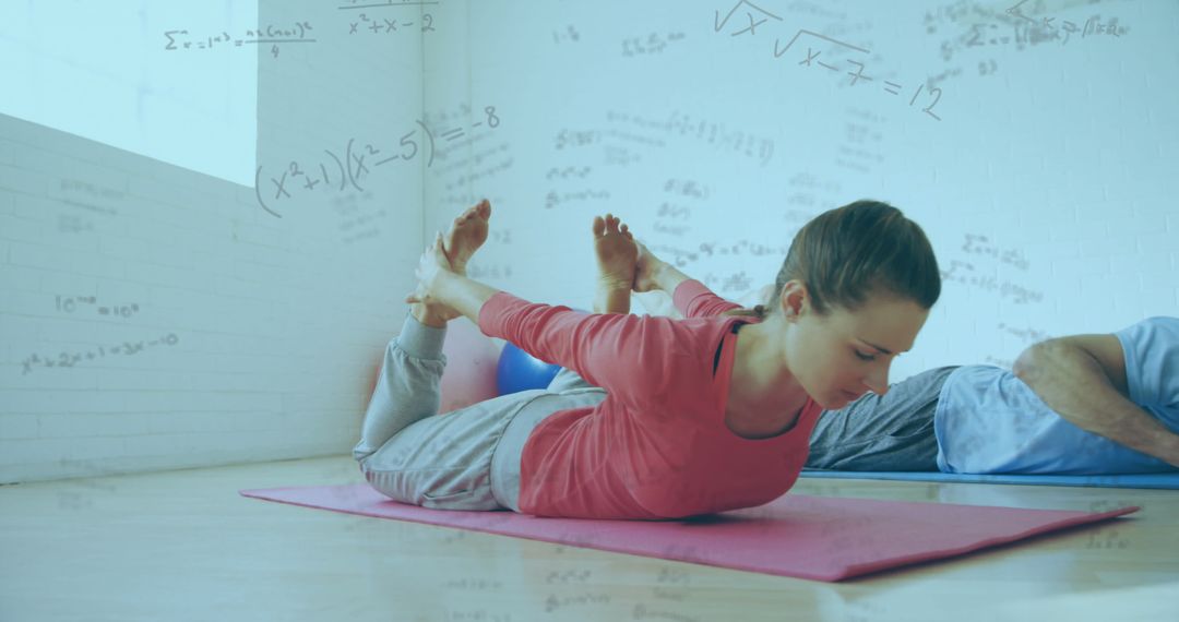 Couple Exercising at Home with Mathematical Overlays Concept