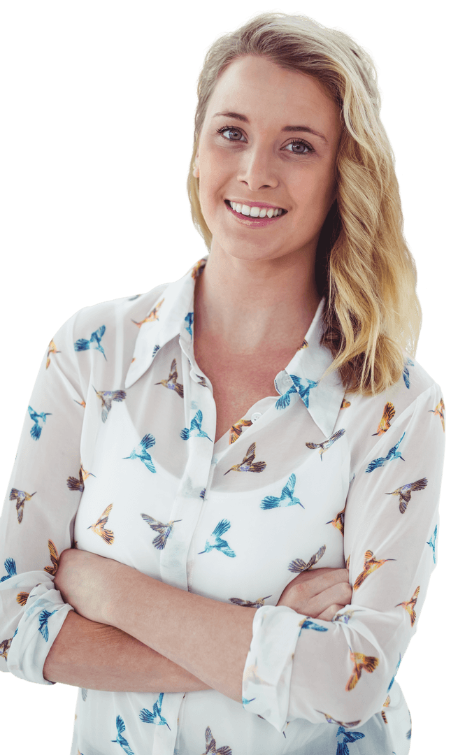 Smiling Blonde Woman in Transparent Bird Print Shirt with Folded Arms