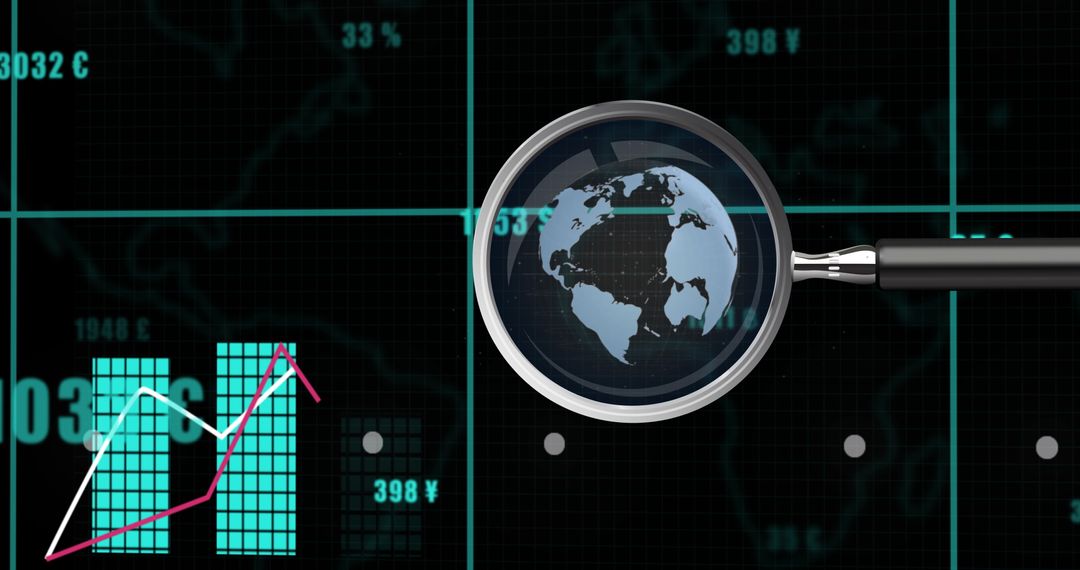Magnifying Glass Analyzing Global Financial Data in Digital Interface