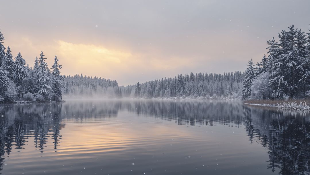 Snowy Pine Forest Reflecting on Glassy Lake at Dawn with Mist and Falling Snowflakes