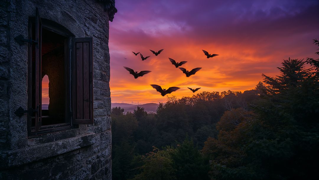 Silhouetted Bats Flying at Twilight Near Medieval Stone Turret