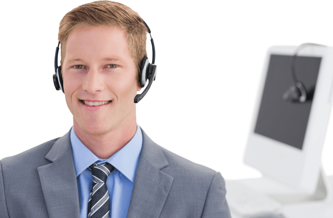 Transparent Smiling Call Center Agent Wearing Headset in Professional Setting - Download Free Stock Images Pikwizard.com