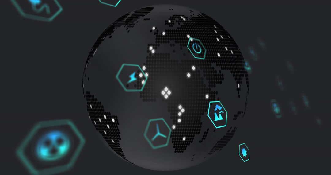 Futuristic Rotating Globe with Tech Icons and Datapoints