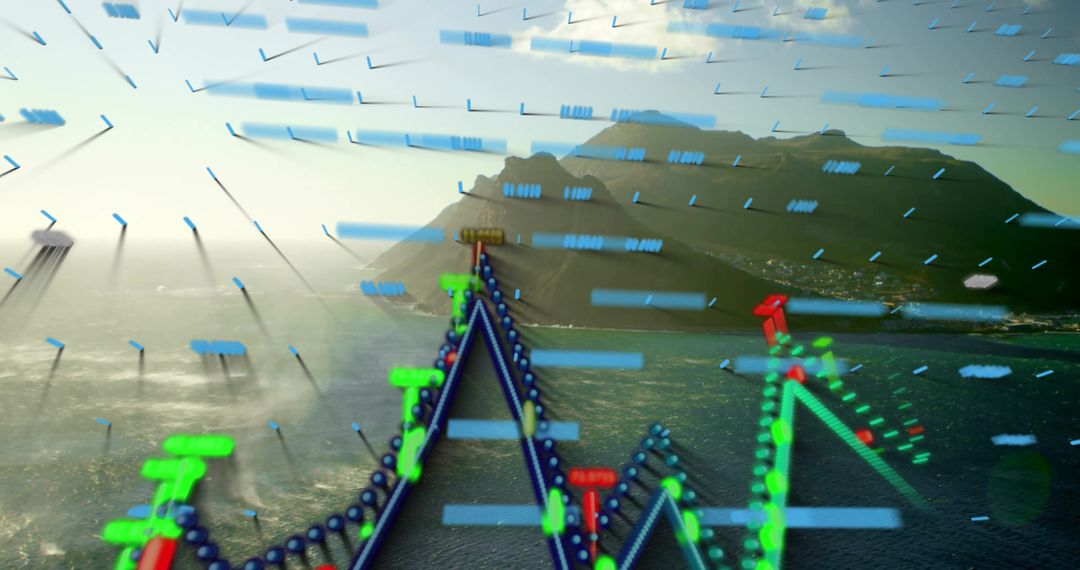 Digital Data Chart Overlay on Coastal Bay at Sunset