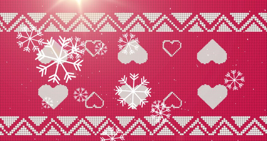 Snowflakes Falling on Traditional Christmas Hearts Pattern on Red - Free Images, Stock Photos and Pictures on Pikwizard.com