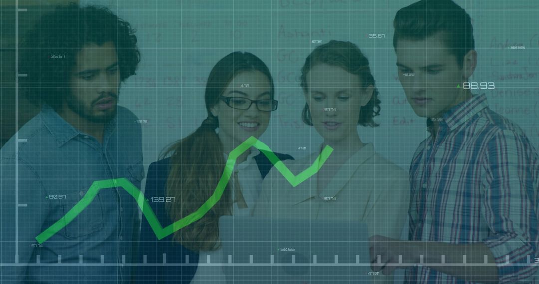 Diverse Team Analyzing Data with Financial Graph Overlay