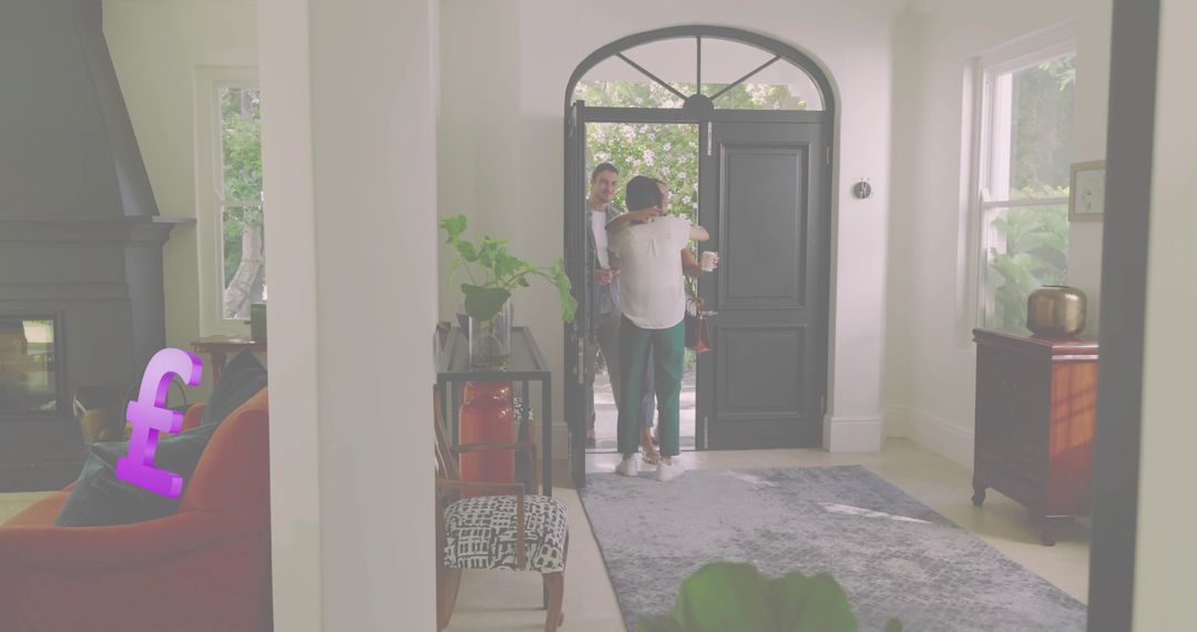 Warm Homecoming Embrace at Open Front Door — Couple Reuniting in Bright Entryway