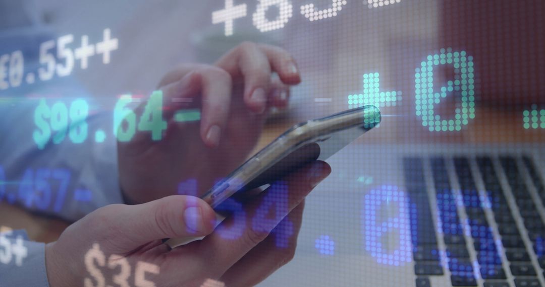 Business Professional Analyzing Financial Data on Smartphone with Digital Overlay