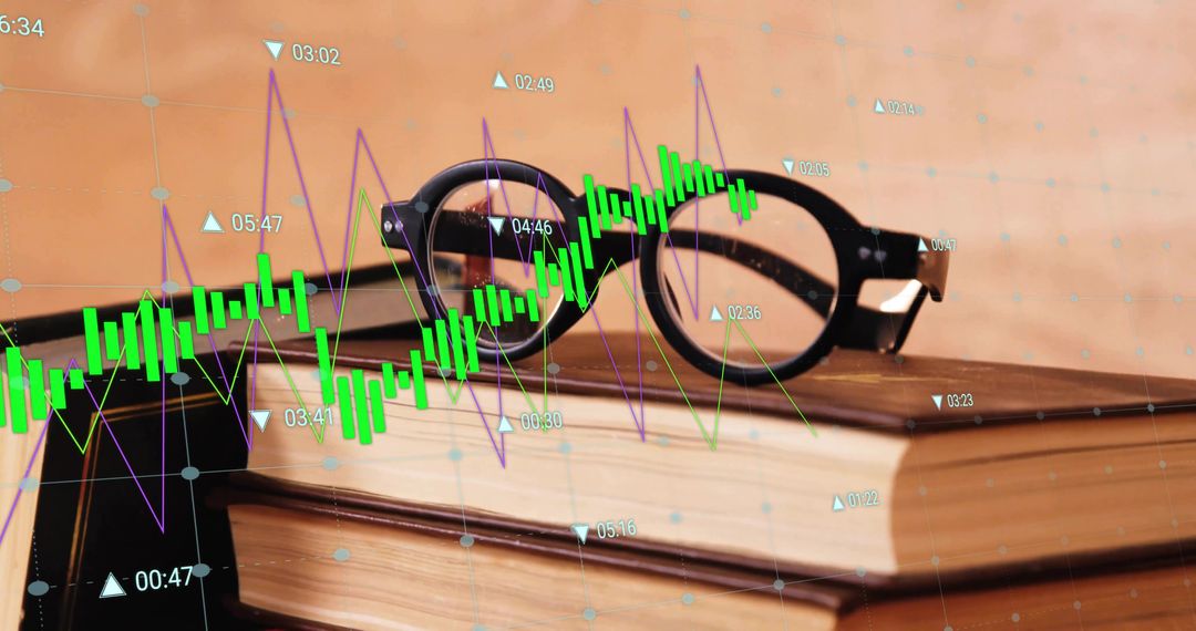 Eyeglasses on Books with Stock Market Graph Overlay