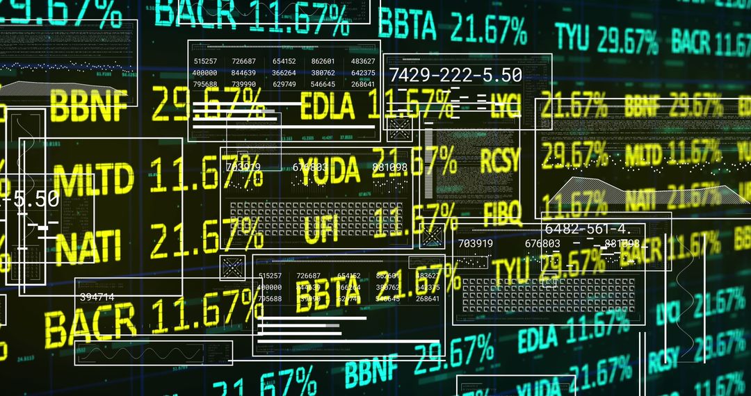 Futuristic Digital Interface with Stock Tickers and Analytics