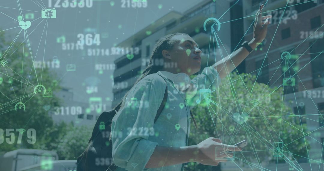 Hailing Taxi with Global Digital Connectivity Icons Overlay