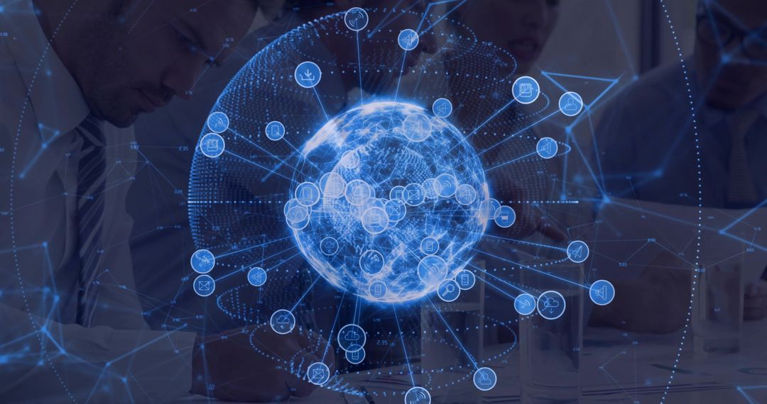 Holographic Networked Globe with Business Team in Conference Room