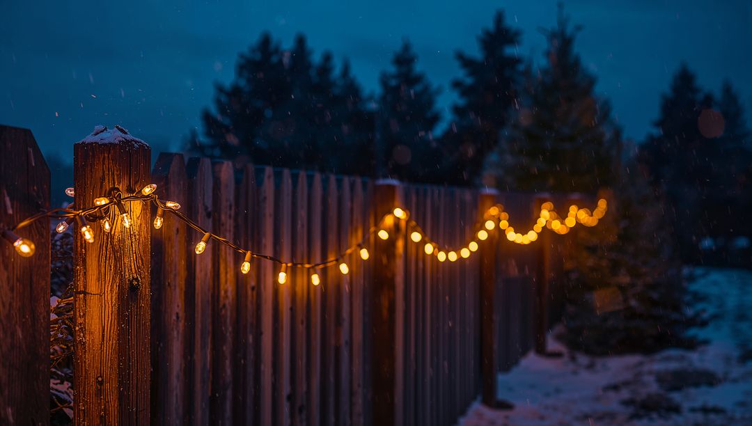 Glowing Amber String Lights Lining Snowy Wooden Fence at Dusk with Bokeh Pines