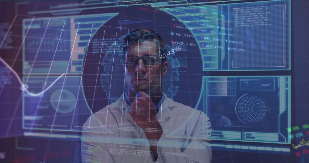 Doctor Analyzing Stock and Medical Data with Futuristic Interface