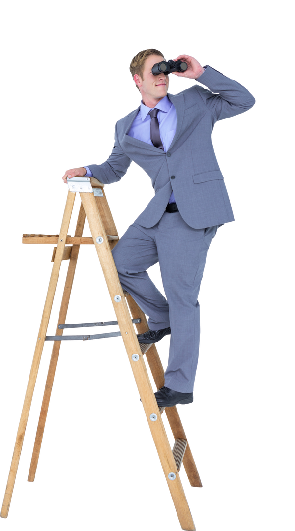 Transparent Businessman in Suit Looking Through Binoculars on Ladder - Download Free Stock Images Pikwizard.com