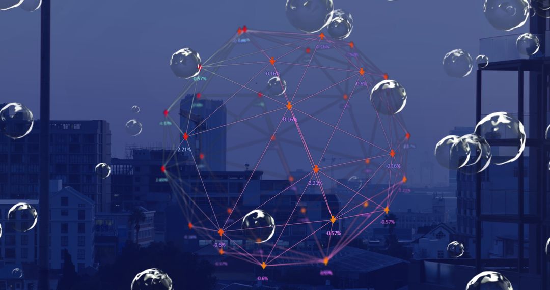 Global Network Connections Overlapping Cityscape with Bubbles