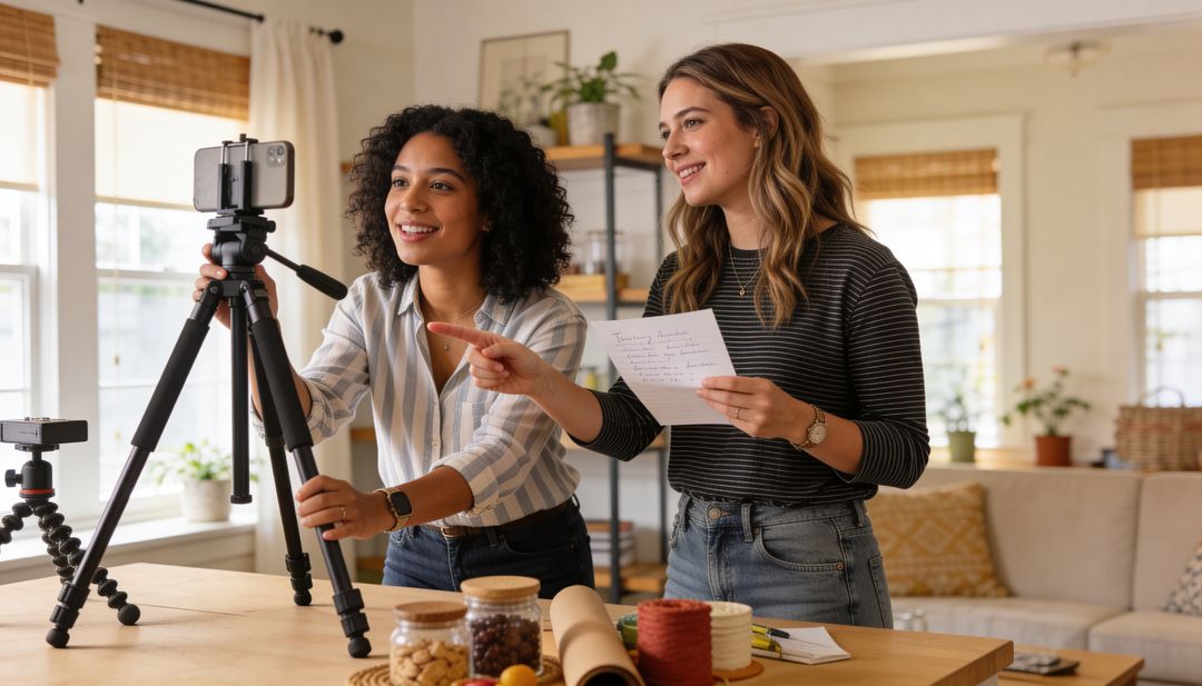 Two Women Creating DIY Tutorial Adjusting Smartphone Tripod in Sunlit Cozy Kitchen
