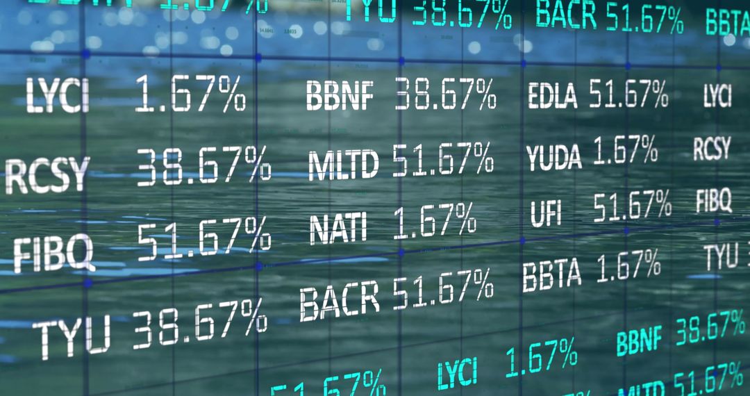 Floating Digital Ticker Overlaying Serene Water Surface on Finance Data