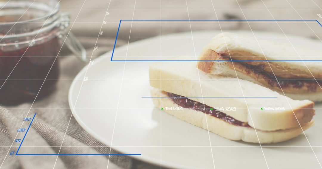 Displaying jam sandwich halves on white plate with AR grid overlay and rustic jar