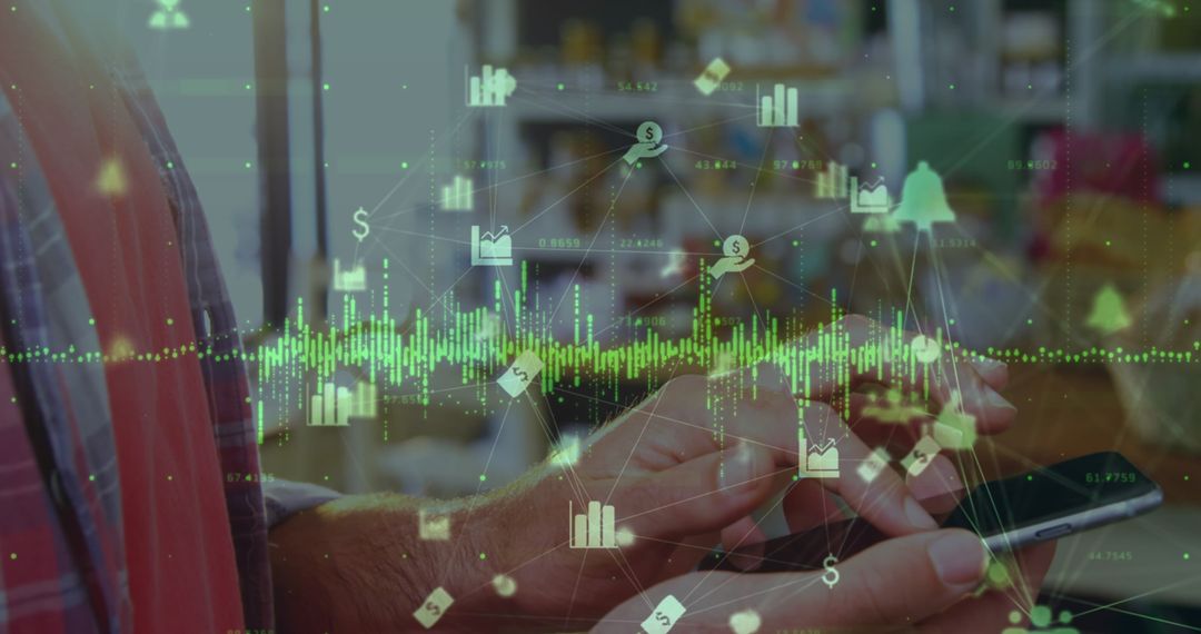 Man Analyzing Financial Data on Smartphone with Tech Icons