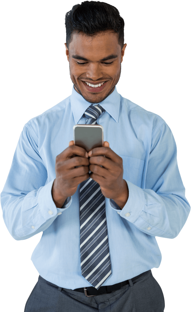 Joyful Businessman Checking Messages on Phone Transparent Image