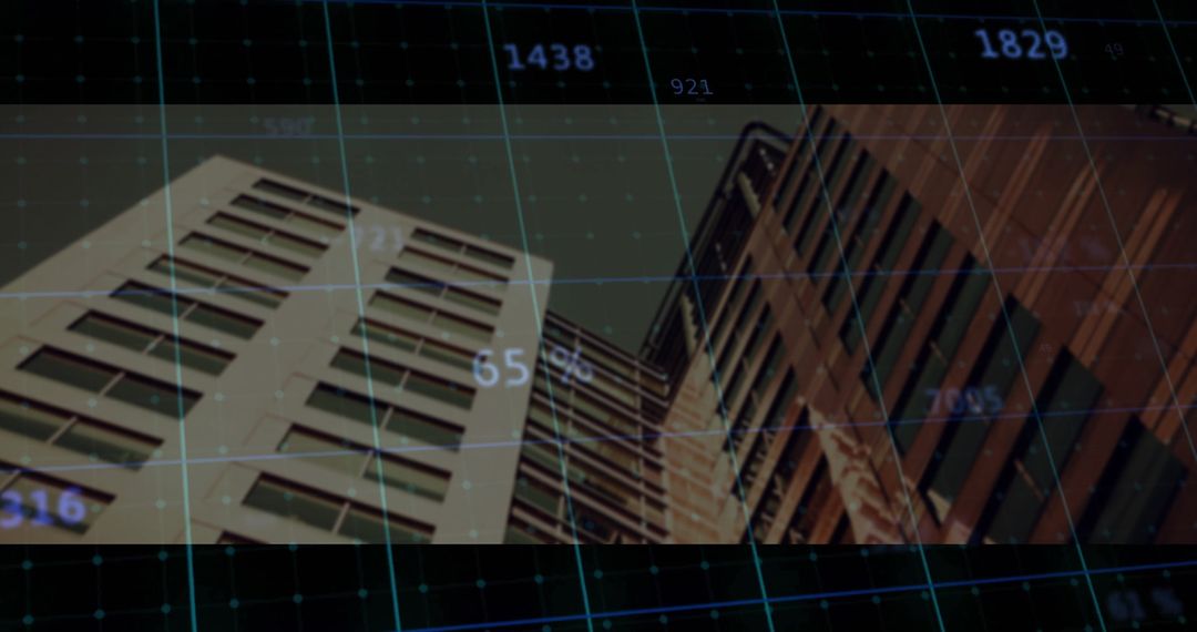 Futuristic Office Towers with Digital Grid Overlay in Urban Canyon