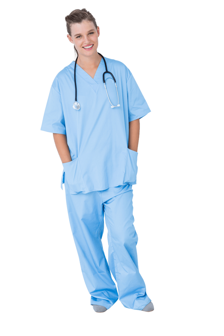 Smiling Nurse in Blue Scrubs with Stethoscope on Transparent Background
