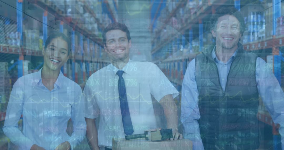Warehouse Workers with Financial Data Overlay Celebrating Success