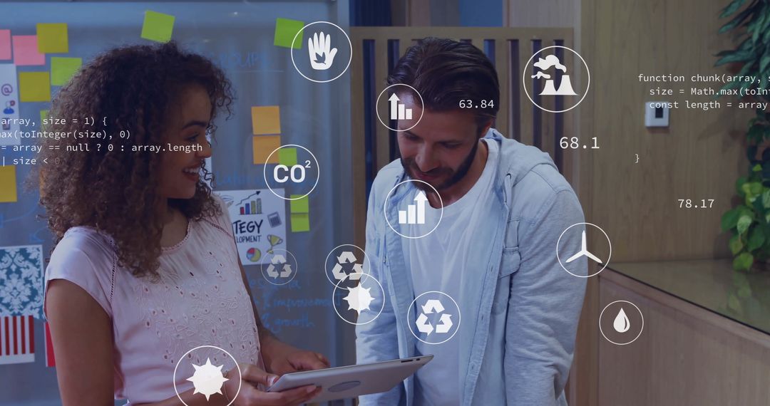 Diverse Business Partners Discuss Sustainable Innovation in Modern Office