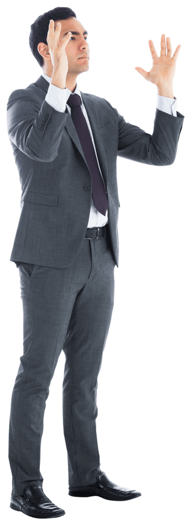 Focused Biracial Businessman Raising Hands Transparent Background