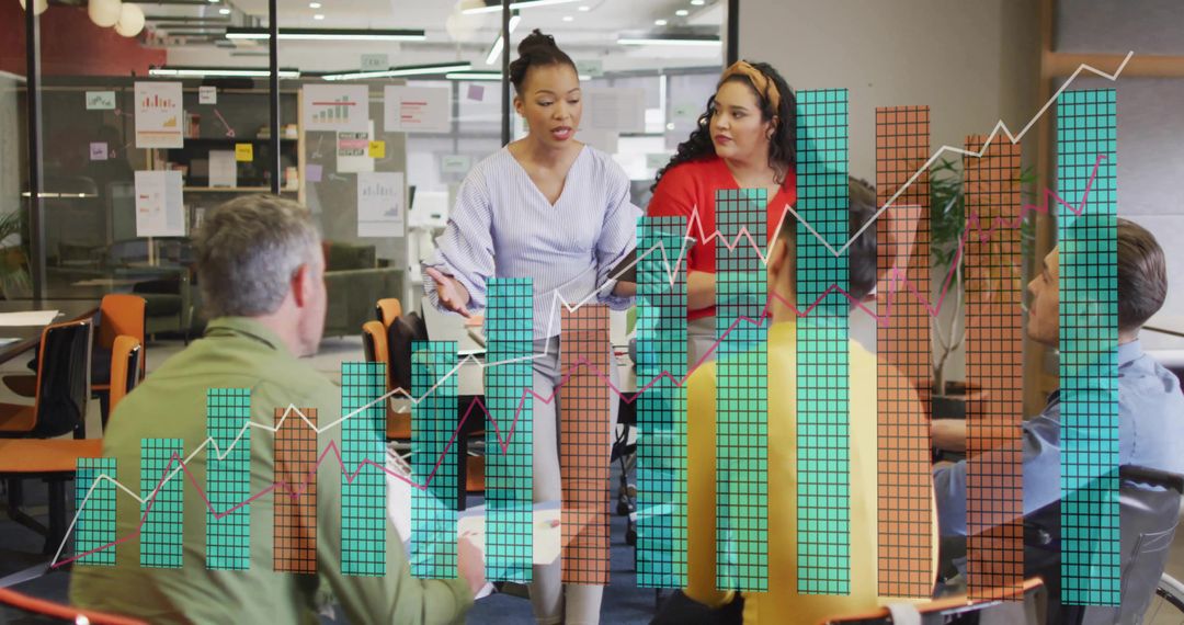 Diverse Team Meeting with Analytics Overlay in Modern Office