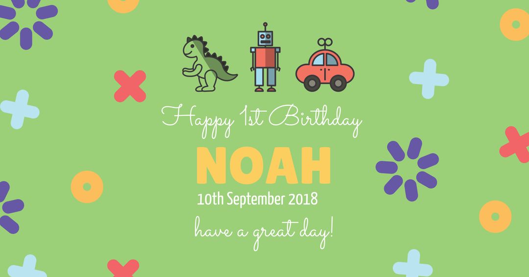 Playful Dino and Robot Themed 1st Birthday Invitation Template - Download Free Stock Templates Pikwizard.com