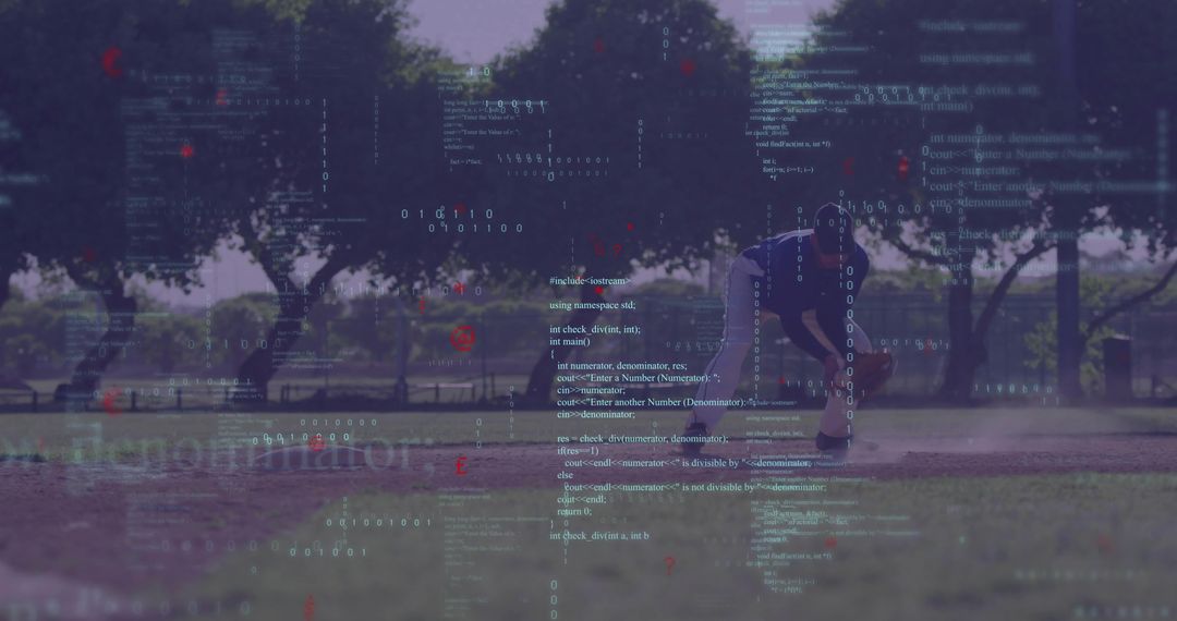 Baseball fielder checking base with floating code overlay, purple tech sports concept