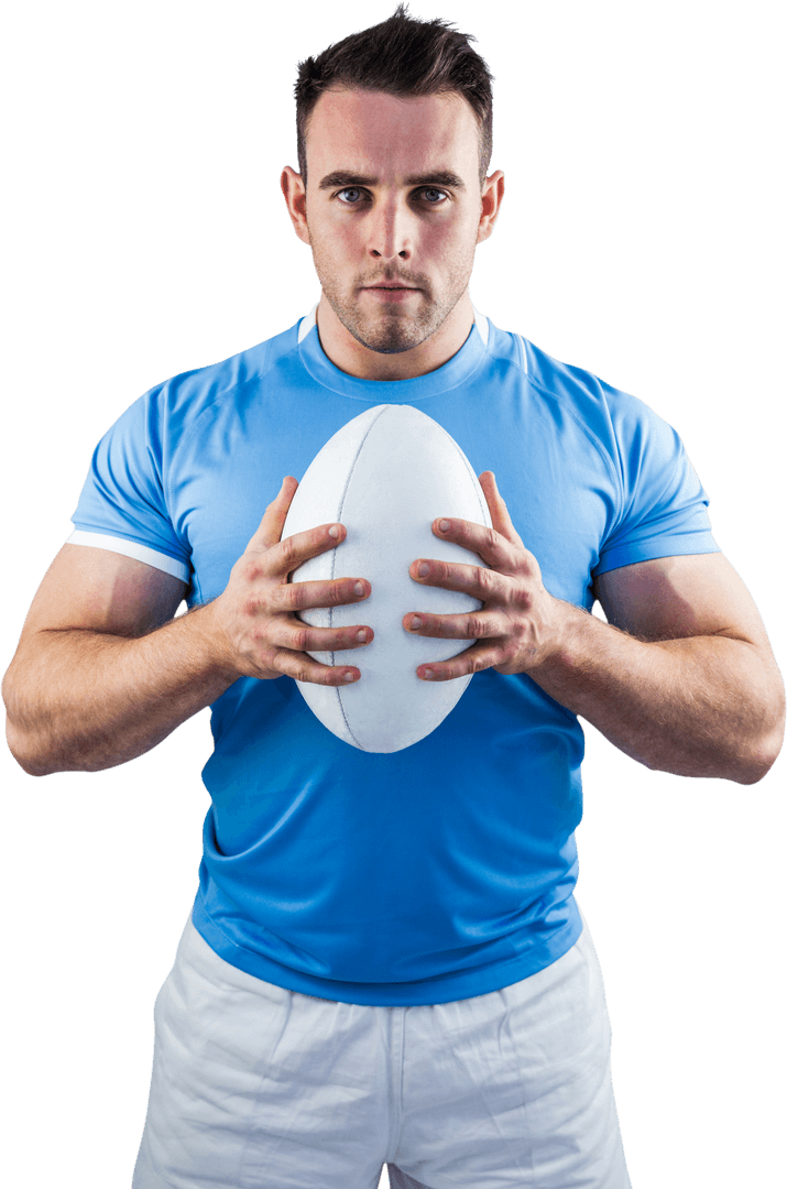 Rugby Player Holding Ball and Intense Stare