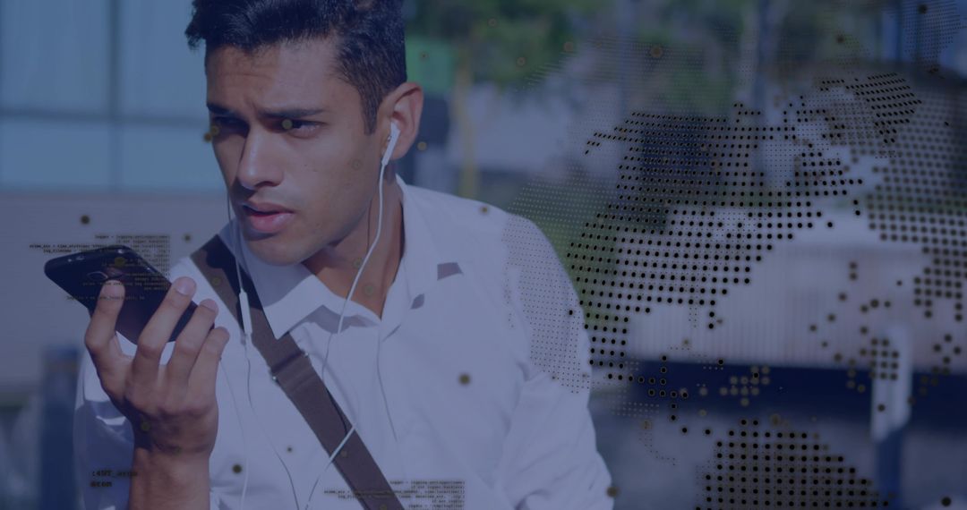 Professional Commuter Checking Smartphone with Earbuds and World Map Data Overlay