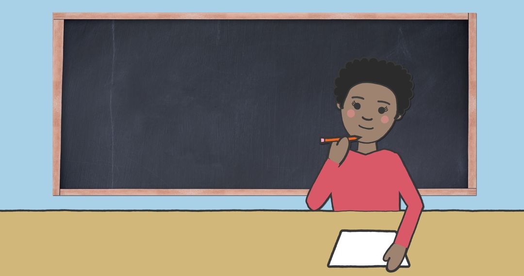 Schoolgirl Writing in Classroom with Blackboard Background