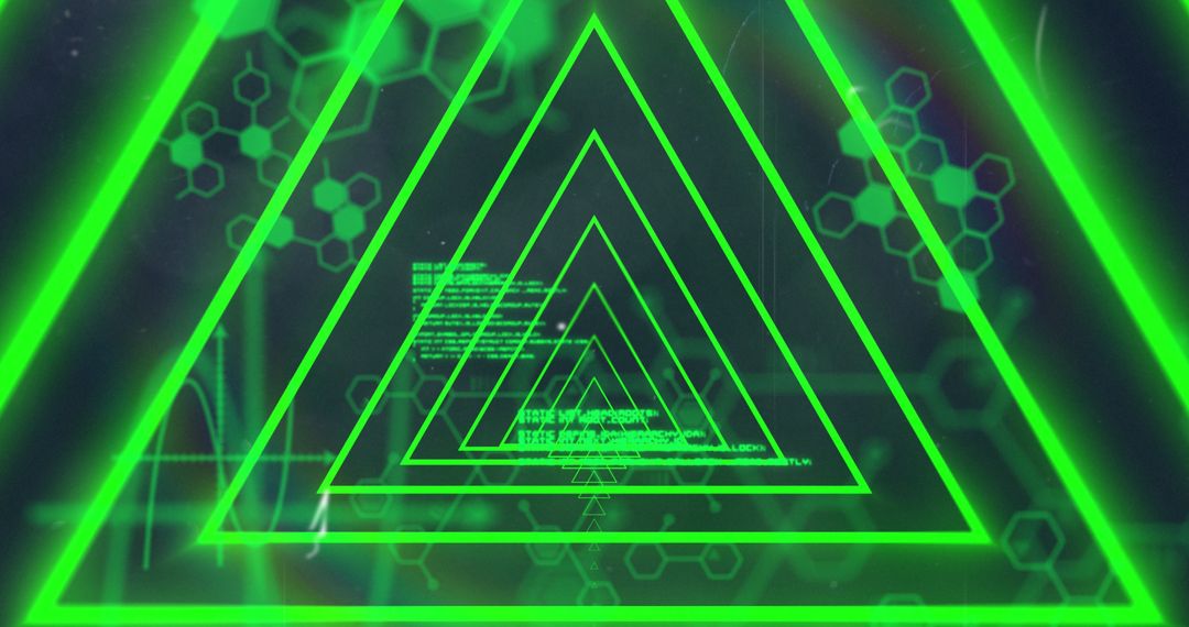 Green Neon Geometric Shapes with Digital Data Overlay