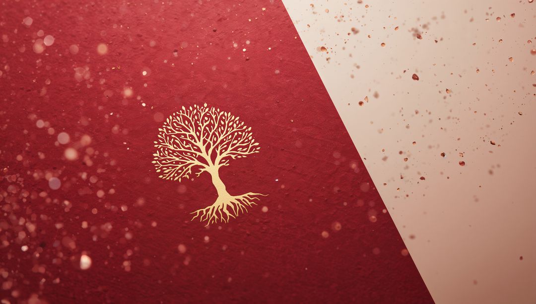 Golden Tree Emblem on Maroon Textured Paper with Diagonal Beige Panel and Gold Flecks