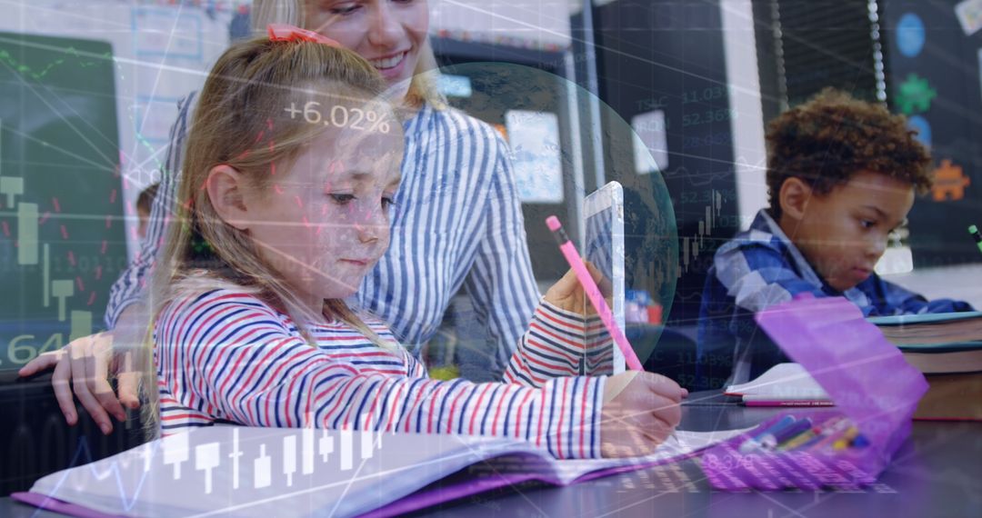 Diverse Students Engaging in Schoolwork Amid Digital Interface Overlay