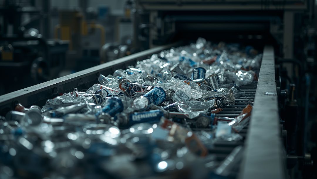 Recycling Conveyor with Crushed Cans and Bottles in Motion