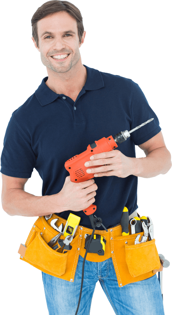 Transparent Portrait Confident Carpenter Holding Portable Drill
