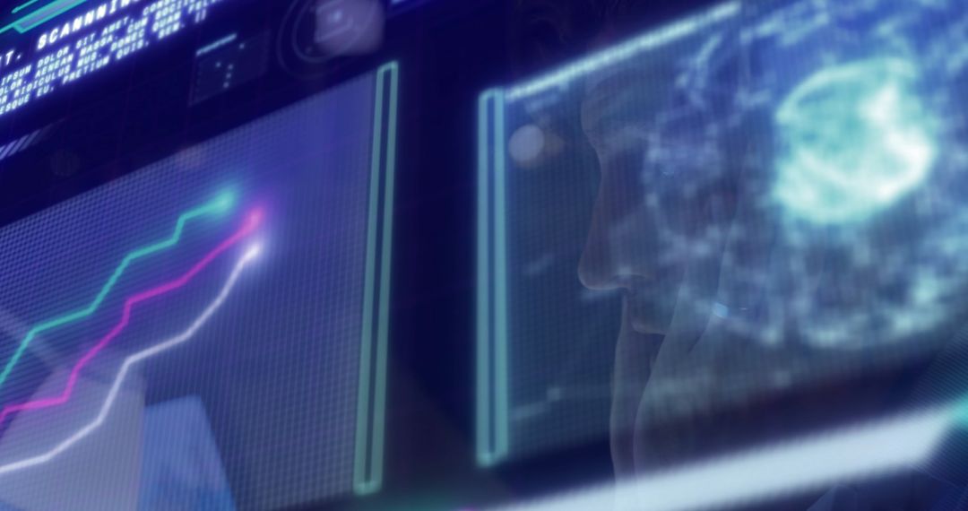 Futuristic Lab Analysis with Neon Graphs and Holographic Brain Scan