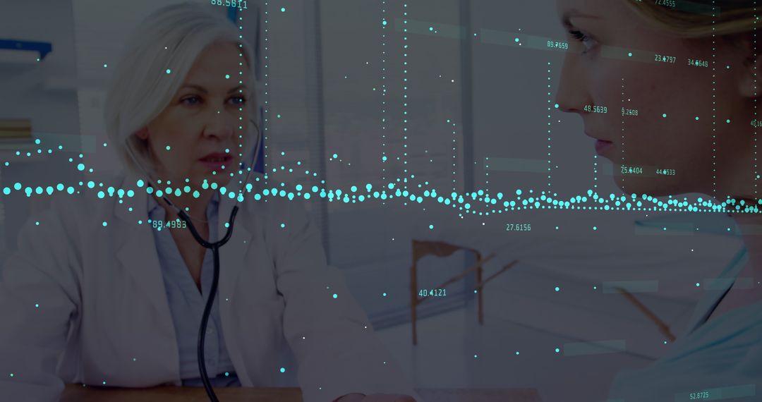 Digital Data Overlays Female Doctor Consulting Patient