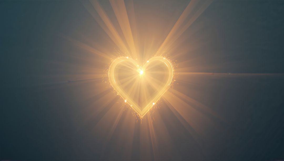 Glowing Golden Heart Emitting Radiant Rays and Sparks on Dark Teal Background with Lens Flare
