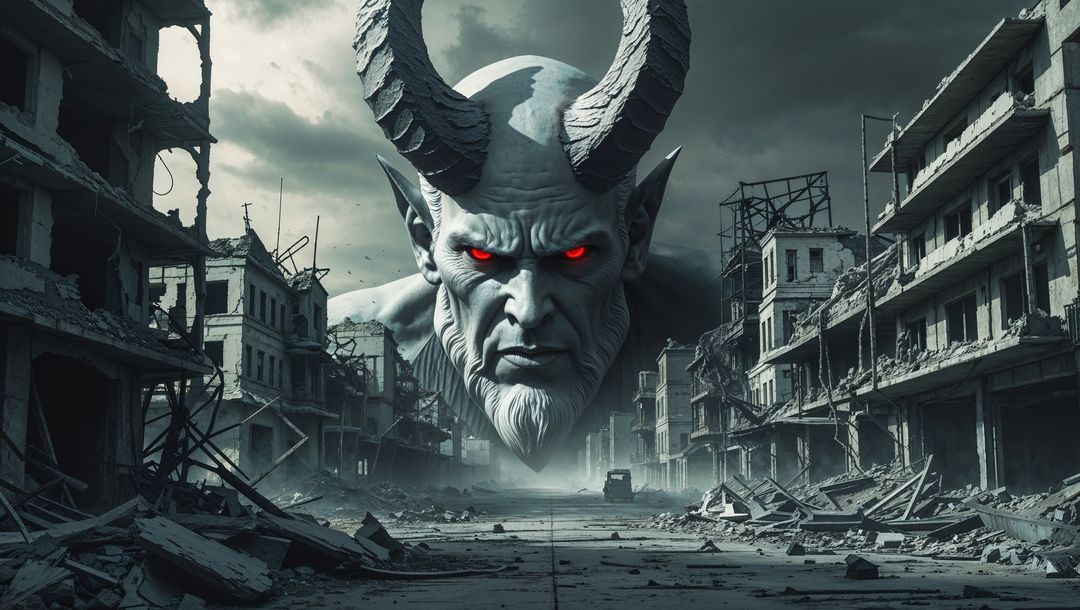 Satan entity hovers over bombed urban wasteland