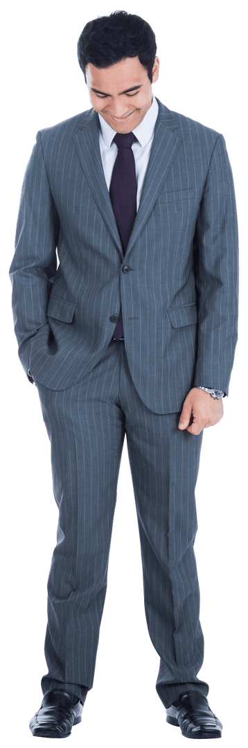 Young Businessman in Dapper Suit Looking Down Isolated on Transparent Background