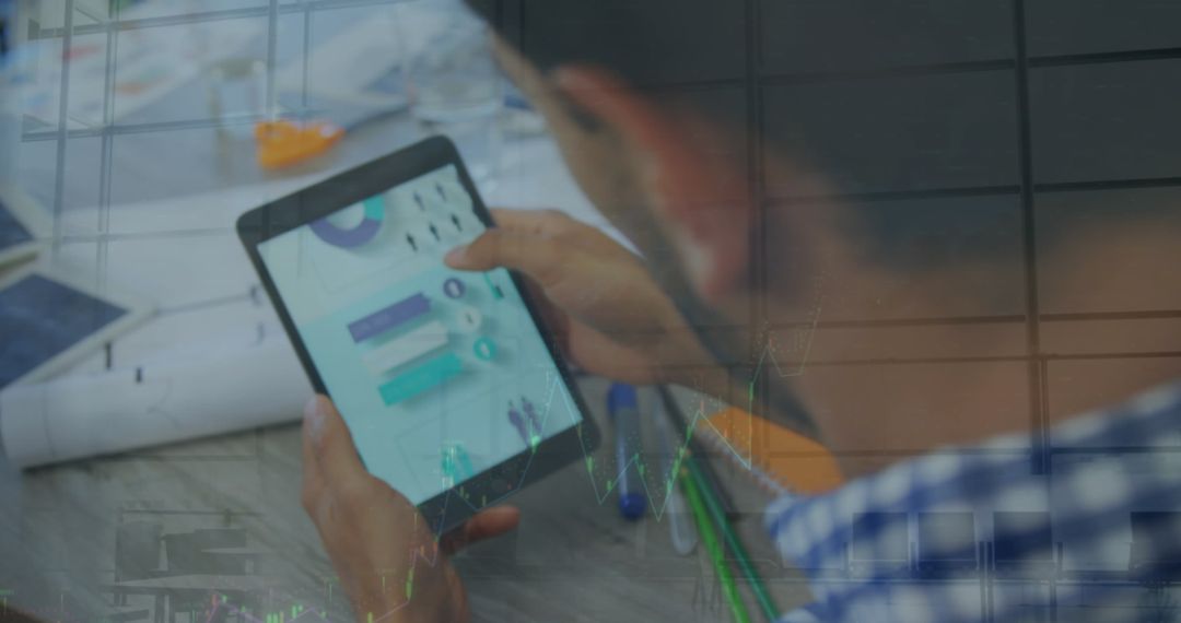 Businessman Using Digital Tablet for Data Analysis Multiple Exposure