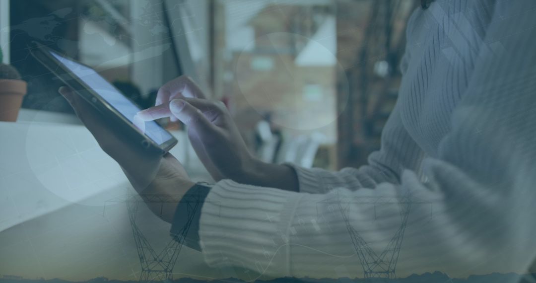 Businesswoman Using Tablet with Data Visualization Overlay